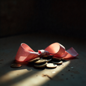 Coins stacked with a pink breast cancer awareness ribbon on top, symbolizing the financial burden of breast cancer treatment.