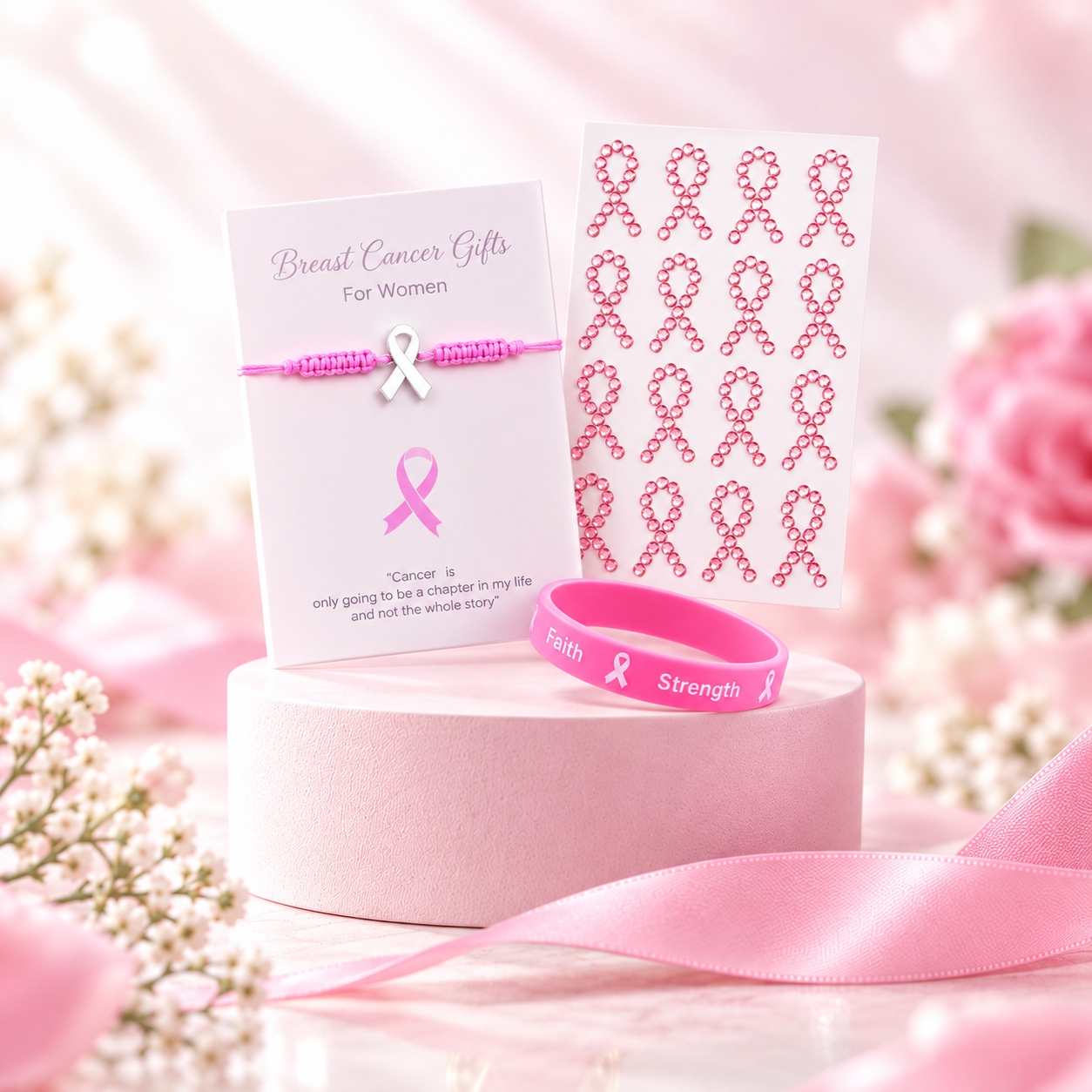 Pink Ribbon Awareness Starter Set Bracelet Wristband and Ribbon Stickers