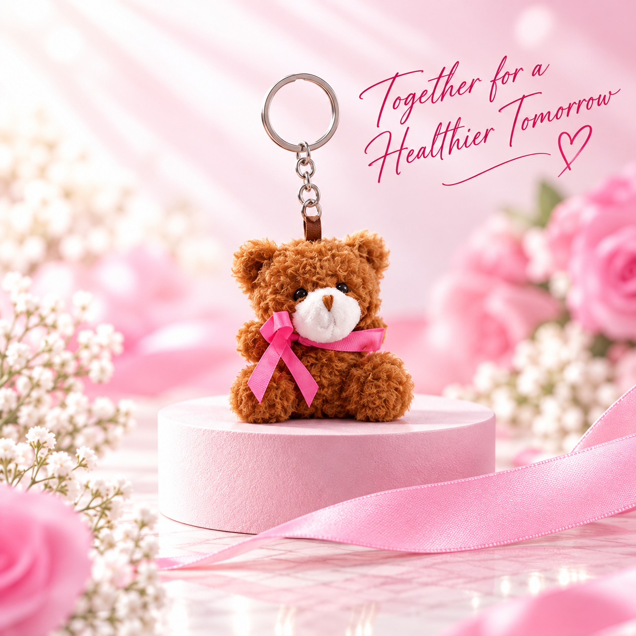 Pink Ribbon Teddy Bear Keychain
